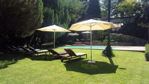un grupo de sillas y sombrillas junto a una piscina en Casa da Vila, en Vizela