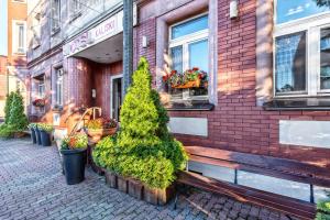 un edificio con dos árboles de Navidad delante de él en Grand Boutique Hotel - dawny Hotel Kaliski Ratuszowy, en Rzepin