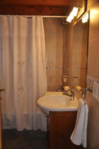 baño con lavabo y cortina de ducha en Rayen Mapu en San Carlos de Bariloche