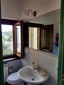 een badkamer met een wastafel, een toilet en ramen bij La Baita di Pilato in Montemonaco