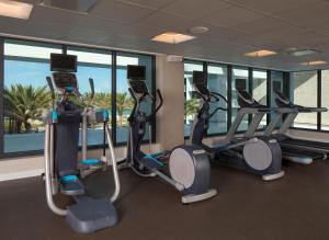 a row of treadmills in a gym with windows at Zota Beach Resort in Longboat Key