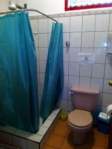 a bathroom with a toilet and a blue shower curtain at Cabinas Caribe Luna in Cahuita