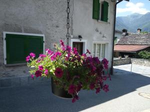 un vaso di fiori appeso di fronte a un edificio di Cà di Noni a Gordevio