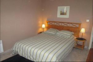 エーグ・モルトにあるAigues-Mortes villa prés des rempartsのベッドルーム1室(大型ベッド1台、ランプ2つ付)