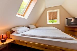 Bett in einem Zimmer mit Fenster und TV in der Unterkunft Pension Alte Feuerwehr in Schüttorf