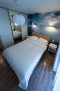 sypialnia z dużym białym łóżkiem z malowidłem w chmurze w obiekcie Garden Corner w Krakowie