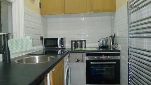 eine Küche mit einer Spüle und einer Mikrowelle in der Unterkunft Regents Street Studios in Leamington Spa