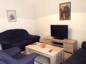 a living room with two chairs and a flat screen tv at Apartment Buzarovski in Skopje