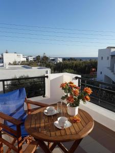 a table and chairs on a balcony with a view at Chrysopelia Studios and Apartments in Agios Prokopios