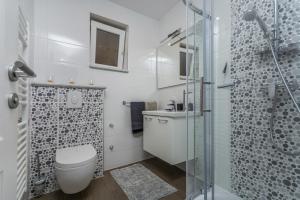 a bathroom with a toilet and a glass shower at Guesthouse Casa Nova in Poreč