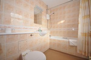 a bathroom with a toilet and a sink and a tub at Firs Hotel in Hitchin