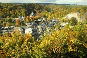 eine Luftansicht einer Stadt im Herbst in der Unterkunft Studio Le Vedeur avec balcon vue sur rivière in Durbuy