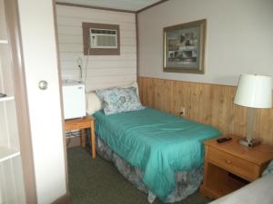 ein kleines Schlafzimmer mit einem Bett, einem Schreibtisch und einer Lampe in der Unterkunft Mount Blue Motel in Farmington