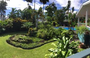une cour avec une piscine et un jardin dans l'établissement Orchid Tree B&B, à Hilo