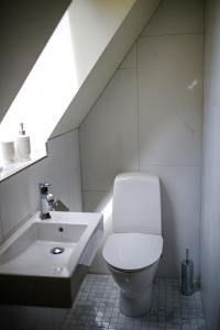 a white bathroom with a toilet and a sink at Mednieku Namiņš in Sigulda