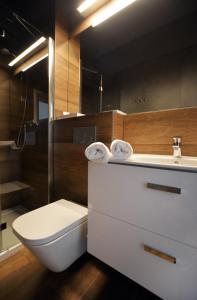 łazienka z toaletą, umywalką i lustrem w obiekcie Apartament Towarowa Kolobrzeg w Kołobrzegu