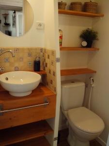ein Badezimmer mit einem Waschbecken, einem WC und einem Spiegel in der Unterkunft Tranquille au PANIER face à la mer in Marseille