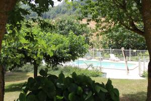 a swimming pool in a yard with chairs and trees at La Maison du Soleil in Saint-Gaudéric