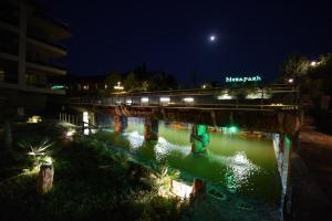 un treno che attraversa un ponte sul fiume di notte di Hierapark Thermal & SPA Hotel a Pamukkale