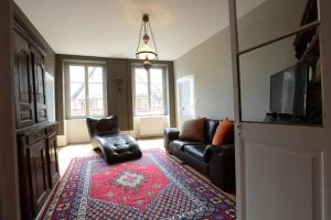 a living room with a black leather couch and a red rug at Les Appartements Saint Nicolas in Colmar