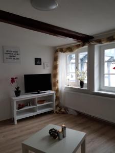 a living room with a flat screen tv and two windows at Köpi Appartements in Goslar
