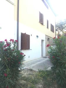 a white building with a door and some bushes at Villa Andrea B&B in San Silvestro