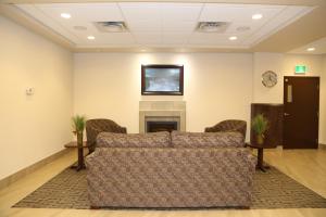 a waiting room with a couch and a fireplace at Prairie Moon Inn & Suites Macklin in Macklin