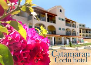 a view of a hotel with pink flowers in the foreground at Catamaran Corfu Aparthotel in Acharavi
