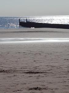 a sandy beach with a pier in the ocean at De Weide Blick in Biggekerke