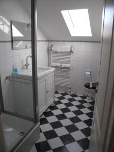 a bathroom with a sink and a checkered floor at Wasserwerk Trachau in Dresden