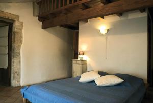 una camera con letto blu e 2 cuscini di Maison de Dame Tartine a Issirac