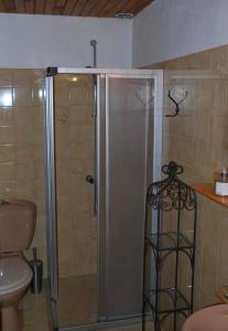 e bagno con doccia, servizi igienici e lavandino. di Maison de Dame Tartine a Issirac