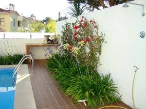 a garden with flowers next to a white wall at FlowerHouse in Sintra