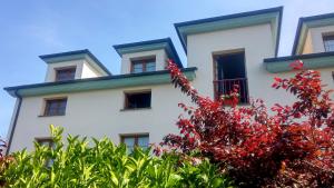 un edificio blanco con flores rojas delante de él en Las Casonas de Avellaneda en Navia