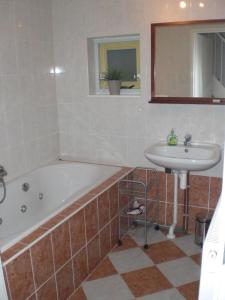 a bathroom with a bath tub and a sink at Vakantiewoning Tjiftjaf in "Het Fonteinbos" in Oudemirdum