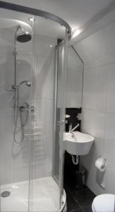a bathroom with a glass shower and a sink at Bornmüllerturm in Suhl