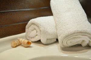 a bathroom with a roll of towels and a wooden snail at Atrium Hotel Thassos in Potos