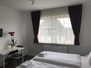 una camera con letto, scrivania e finestra di Hotel-Pension Alt-Heidenberg a Siegen