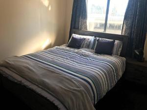 uma cama com almofadas azuis num quarto com uma janela em National Park Home em National Park