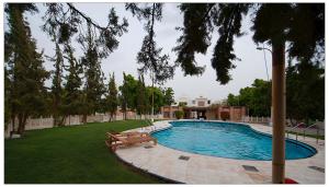 a swimming pool with two benches in a yard at Lariya Resort in Jodhpur