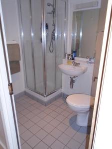 a bathroom with a shower and a toilet and a sink at Kinsale Centre Apartment in Kinsale