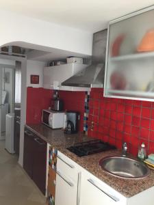 a kitchen with a sink and red tiles on the wall at Appartement - Vue sur Mer- Hammamet in Hammamet +10 photos