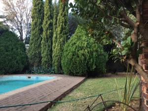 einen Garten mit Pool und Bäumen in der Unterkunft Cura Lodge in Bloemfontein