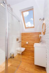 a bathroom with a shower and a toilet and a sink at Apartamenty Bałtyckie in Lubiatowo
