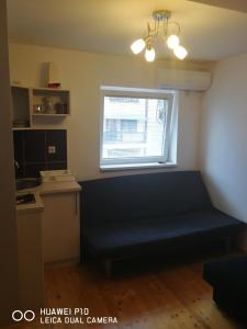 a living room with a blue couch in front of a window at Studio Lenka in Soko Banja