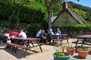 a group of people sitting at picnic tables in a park at Lulworth Cove Inn in Lulworth Cove