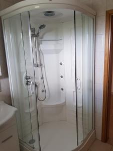 a shower with a glass enclosure in a bathroom at Apartment Lavanda in Starigrad +107 photos