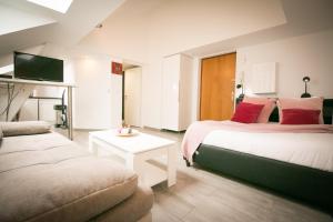 ストラスブールにあるStudio La Mésangeのベッド2台とソファが備わるホテルルームです。