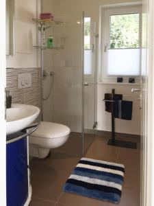 a bathroom with a toilet and a sink and a shower at Ferienwohnung *Richi* in Sassnitz