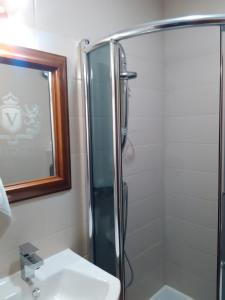 a bathroom with a shower and a sink and a mirror at Hotel Village in Stari Banovci